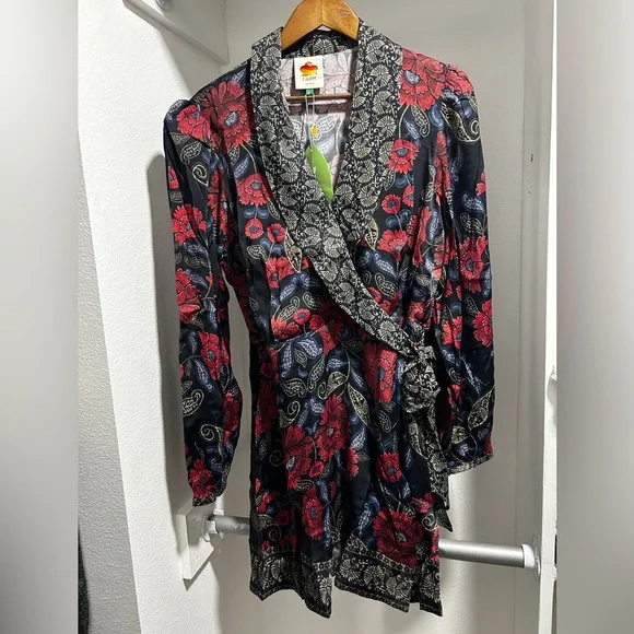 Farm Rio Black Valentina Wrap Viscose Mini Dress. L. NWT - Picture 4 of 13